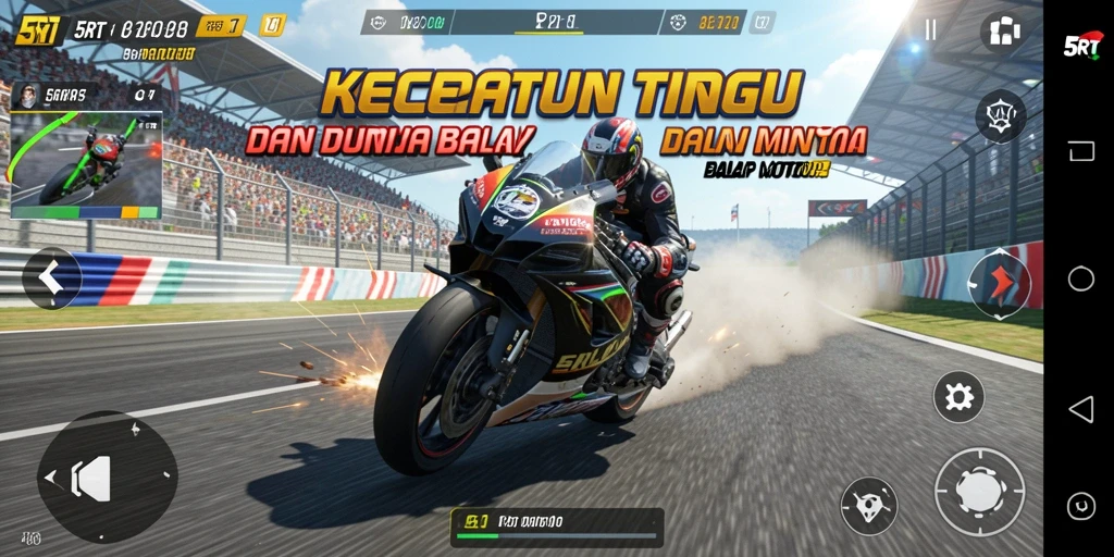 Tampilan gameplay menegangkan dengan sepeda motor balap di trek.