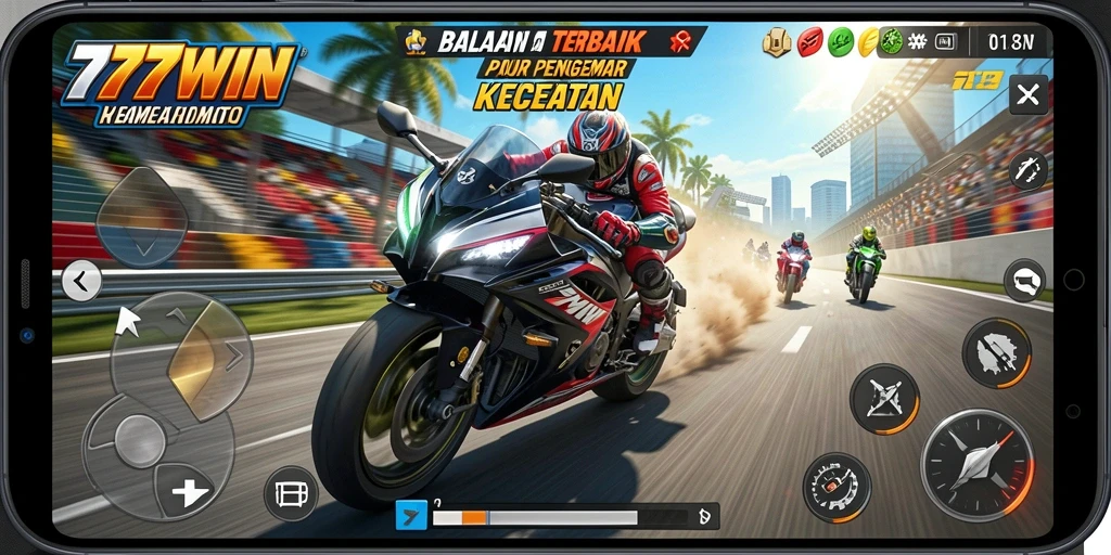 Screenshot utama gameplay 777WIN menunjukkan balapan motor yang menggembirakan dan penuh aksi.