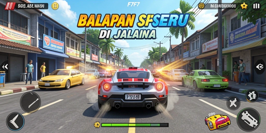 Tampilan gameplay F7F7 dengan mobil balap di lintasan.