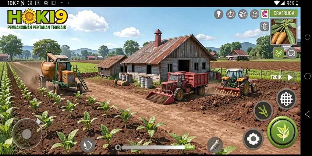 Screenshot HOKI9 menampilkan suasana seru bertani di kebun yang luas.