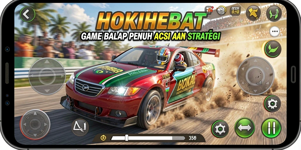 Tampilan gameplay HOKIHEBAT dengan mobil balap yang melaju kencang.
