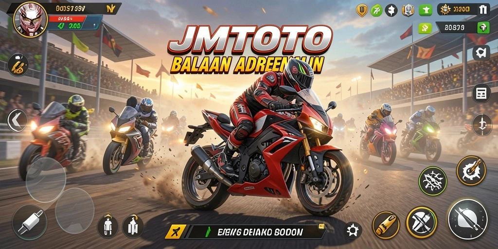 Tampilan gameplay mendebarkan di JMTOTO yang menampilkan balapan motor.