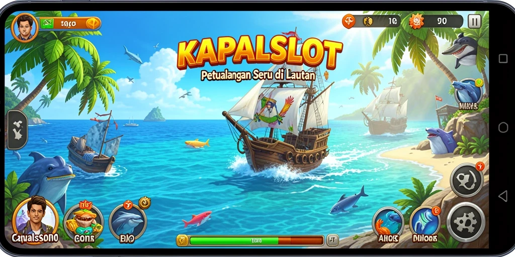 Tampilan utama gameplay KAPALSLOT dengan karakter berlayar di lautan.