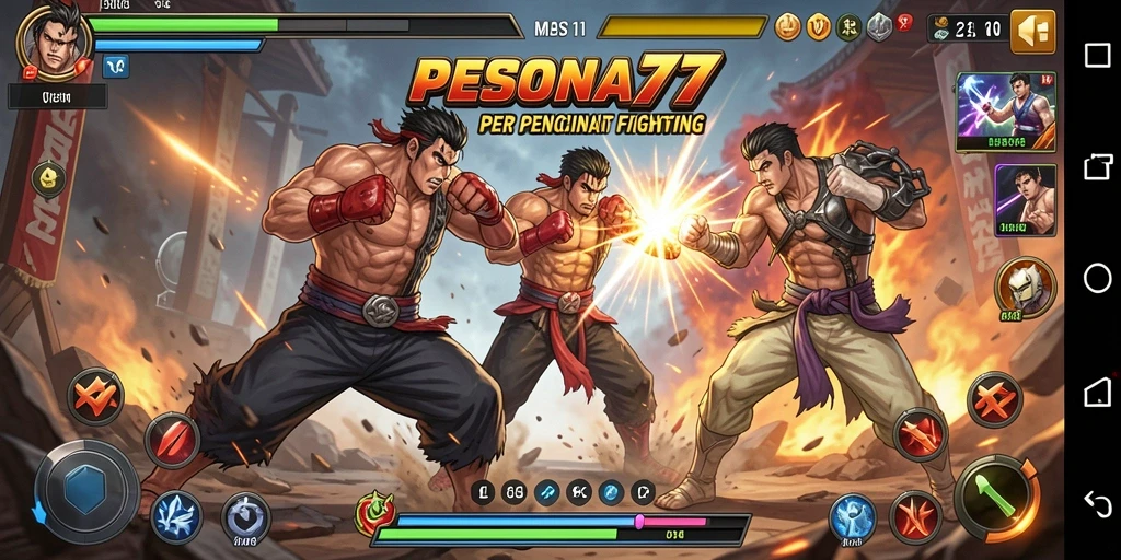 Tampilan gameplay PESONA77 yang mendebarkan saat karakter bertarung di arena.