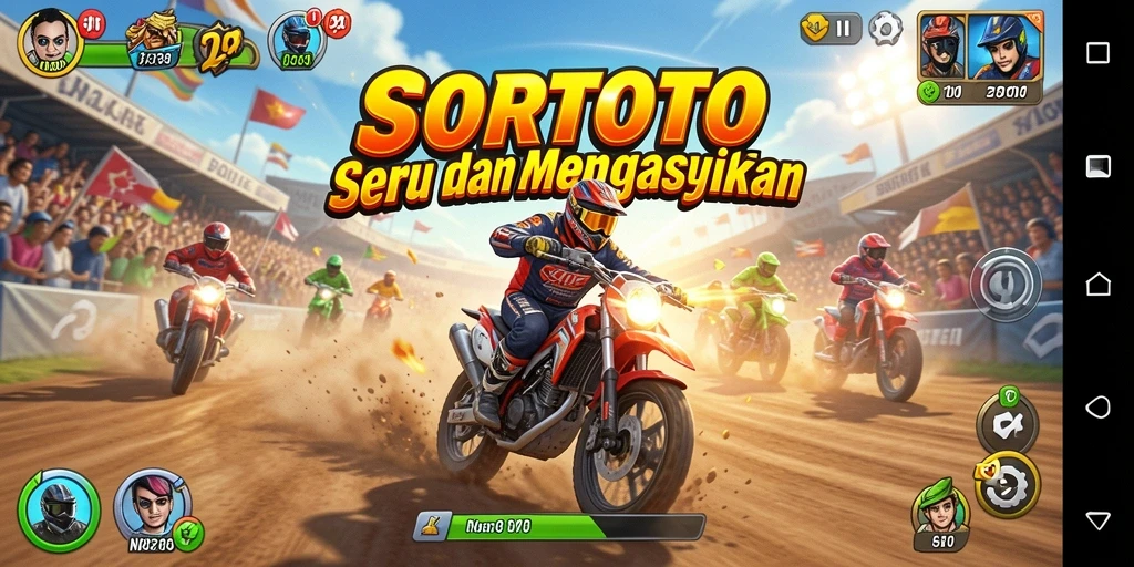 Screenshot gameplay SORTOTO menampilkan aksi balapan yang mendebarkan.